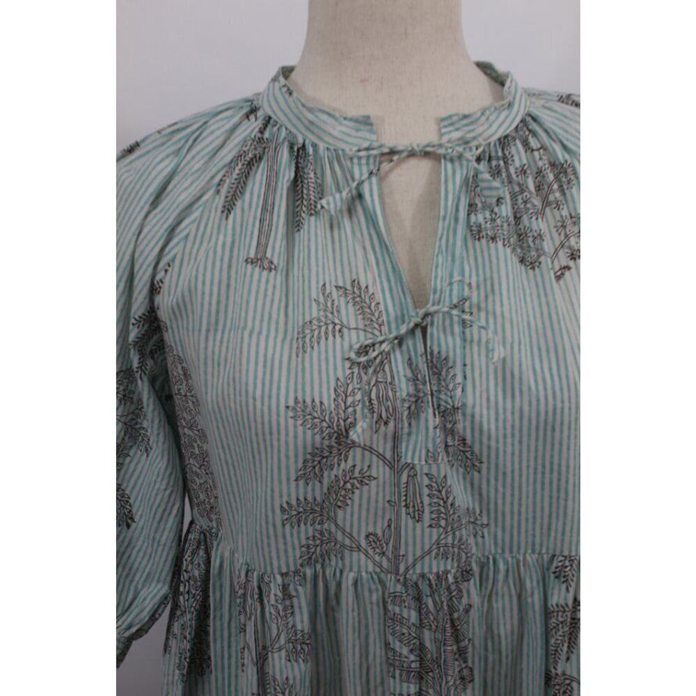 MATTA Sz S Small Aqua Stripe Short Elbow Sleeve Midi Dress Cotton Katia Trees - Picture 6 of 11